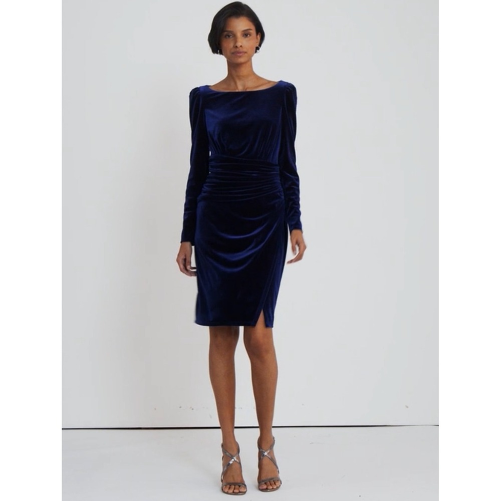 Lauren Ralph Lauren Navy Blue Velvet Holiday Long Sleeve Ruched Dress Sz 14 NWT